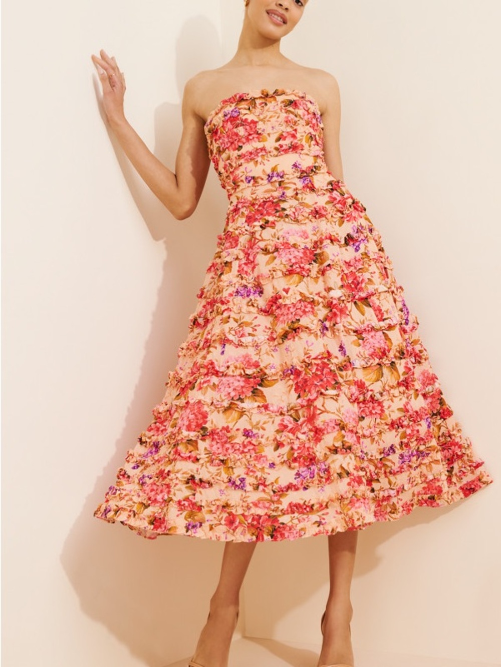 Mac Duggal ruffle strapless pink floral print midi dress size 6 57059